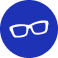A pair of dark blue eyeglasses icon centered on a light blue circular background, conveying clarity, focus, or vision.