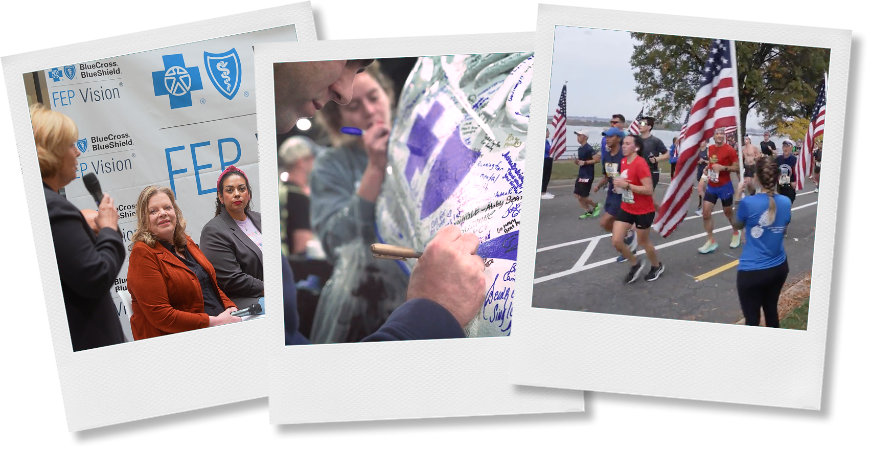 Three polaroid-style Blue Cross Blue Shield event photos