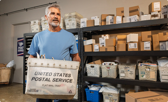 Postal employee carrying a mail tray in a mailroom.